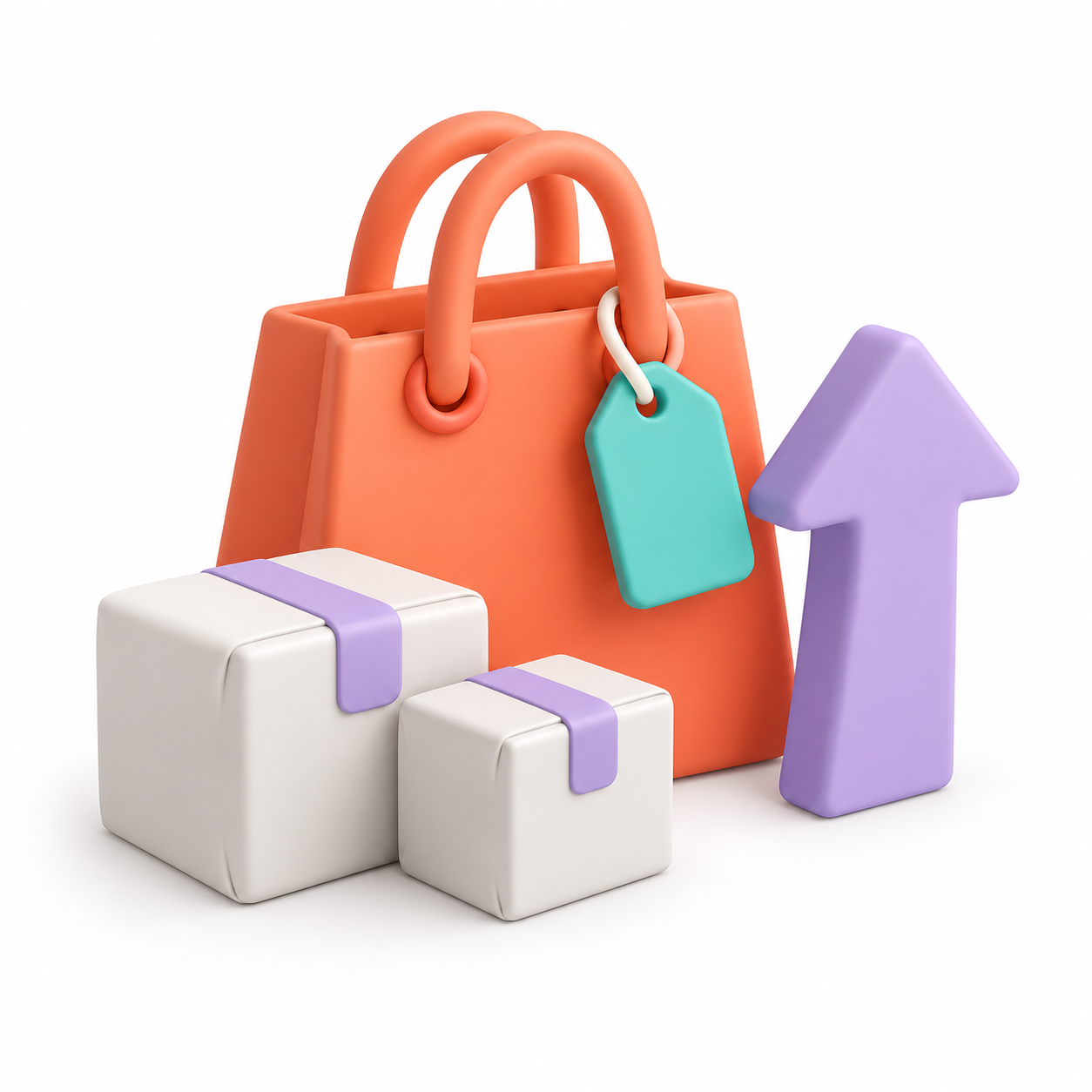 Coral shopping bag, parcels, a teal price tag, and a lilac growth arrow